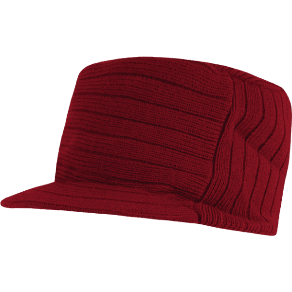 A red knitted cap with a flat top and ribbed texture. The cap features a branded logo.