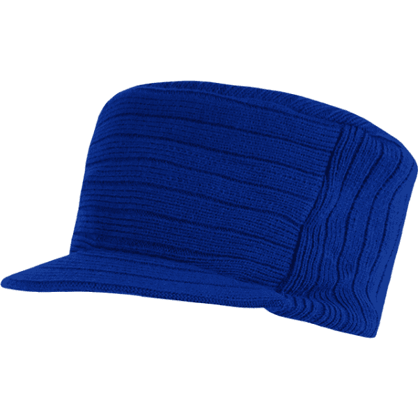 A blue flat top cap with a ribbed texture and a short brim, featuring a logo on one side.
