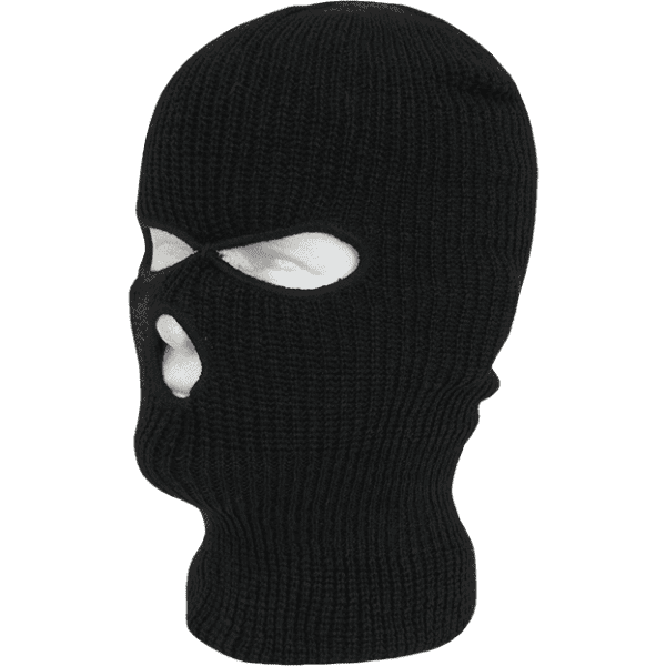 A black beanie featuring three holes for the face and eyes, constructed from knitted fabric. It has a logo on it.