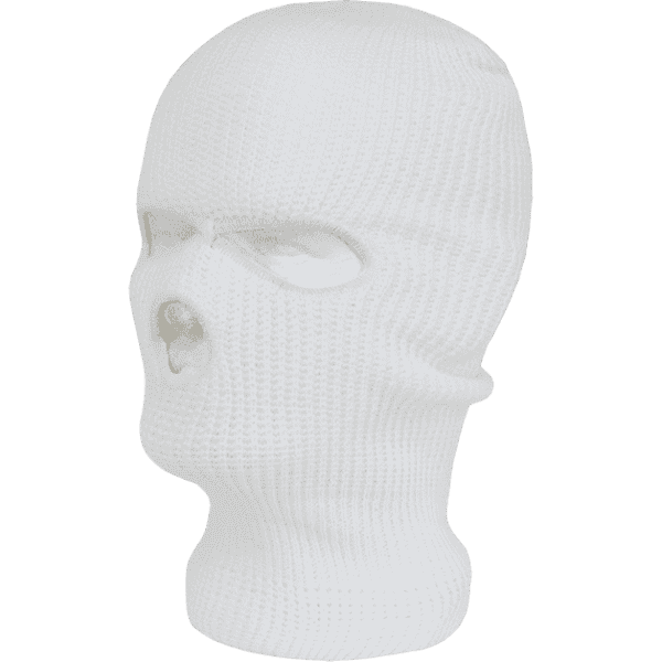 A white tactical mask with three holes, designed to cover the face and head, featuring a textured fabric.