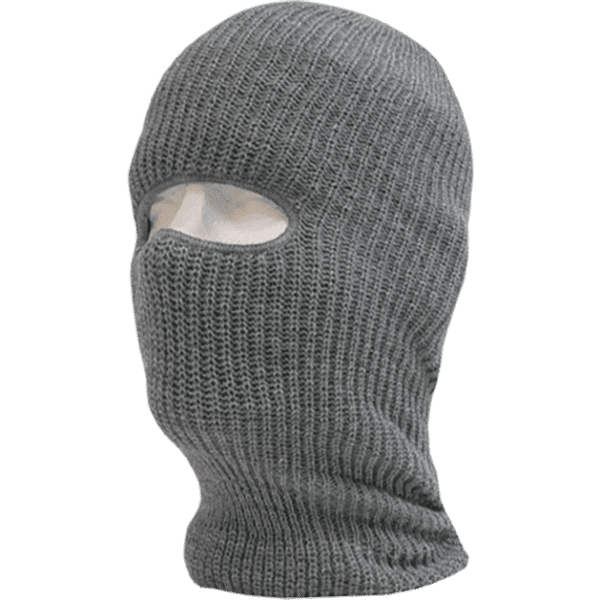 A grey tactical mask with one eye hole, featuring a textured knit design and a fitted shape. It has a logo.