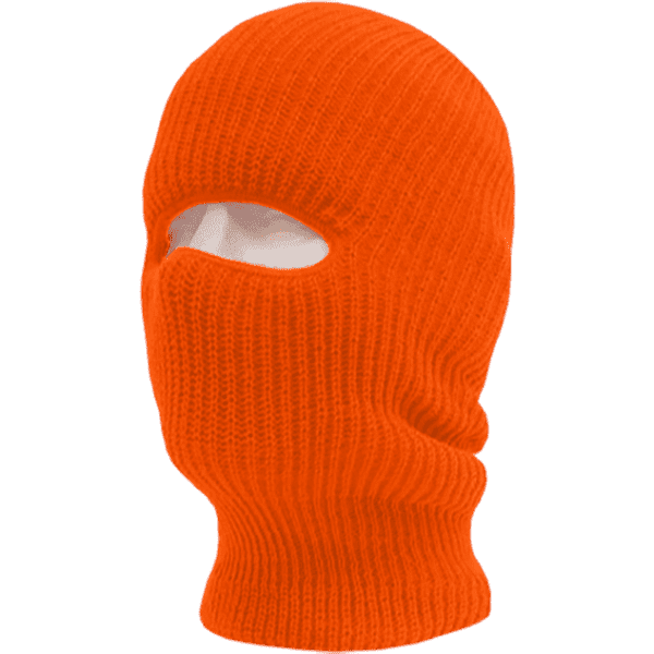 An orange knitted mask with one eye hole and a mouth opening, featuring a logo on it.