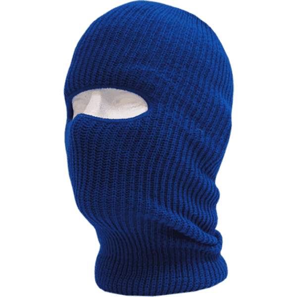 A blue tactical mask featuring one eye hole and a knitted texture, with a white inner lining and logo.