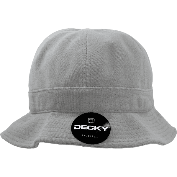 A grey bucket hat with a wide brim and a logo tag on the side.