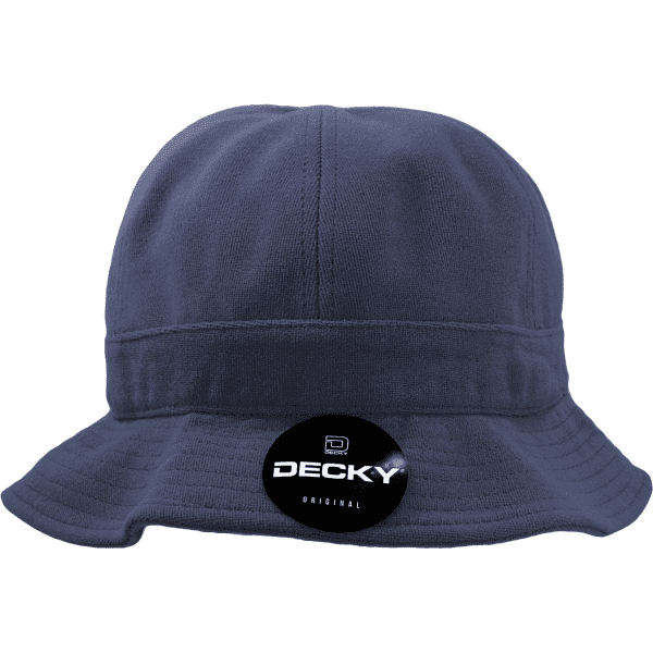 A navy blue bucket hat featuring a logo. The hat has a wide brim and a soft fabric design.