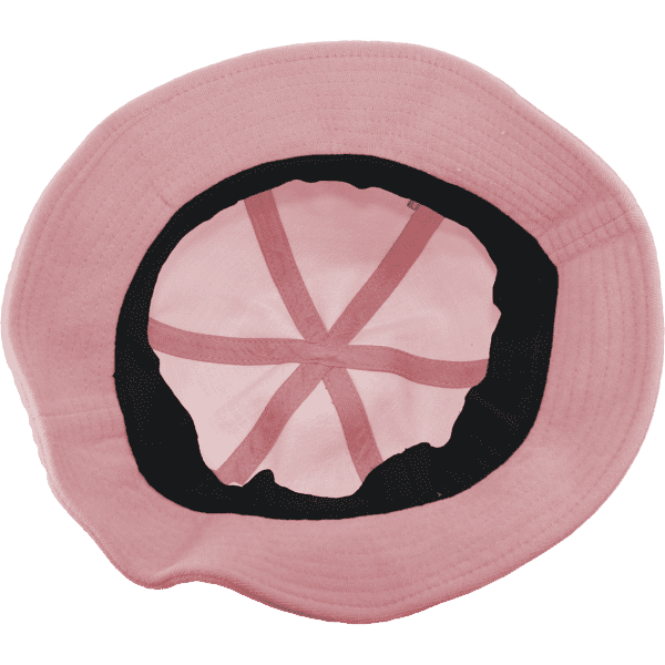 A pink bucket hat with a black interior and adjustable straps. It features a logo on the side.