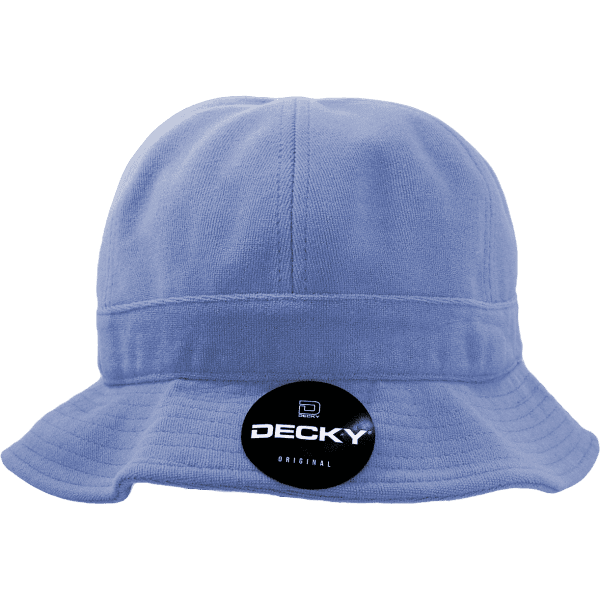 A blue bucket hat with a wide brim and a logo on the side.