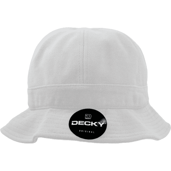 A white bucket hat with a branded logo on the front and a wide brim.