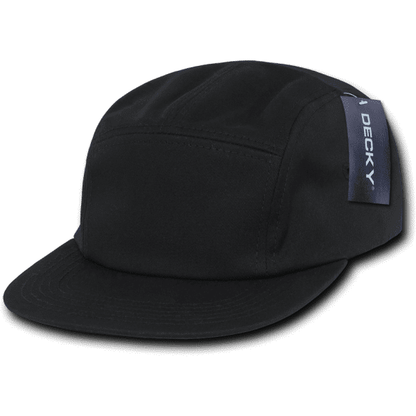 A black 5 Panel Racer Cap with a flat brim and a side branding patch.