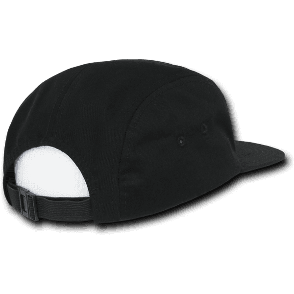A black 5 panel racer cap with a white underside and a rear adjustable strap, featuring a logo on the side.