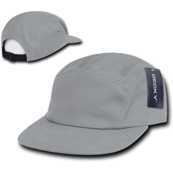 A grey 5 panel racer cap featuring a front panel and a side tag with branding.