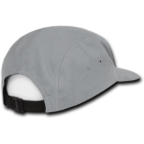A grey 5 Panel Racer Cap featuring a black visor and an adjustable strap at the back. It has a logo on it.