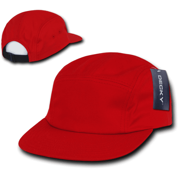 A red 5-panel racer cap with a logo, featuring a flat brim and an adjustable strap at the back.