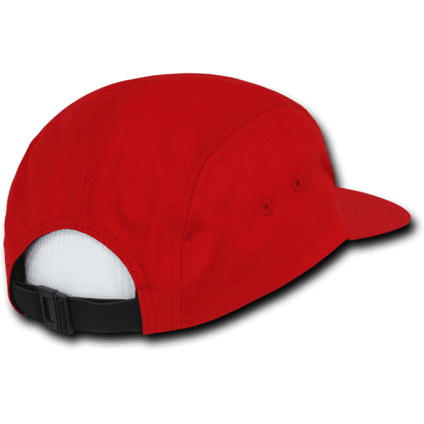 A red 5 panel racer cap with a black adjustable strap and a white inner lining. It features a logo on the side.