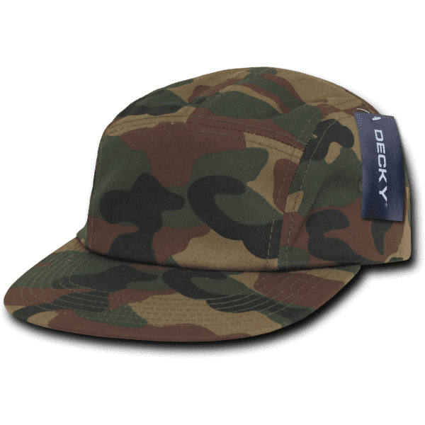 A 5-panel cotton racer cap in a camouflage pattern, featuring a logo tag on the side.