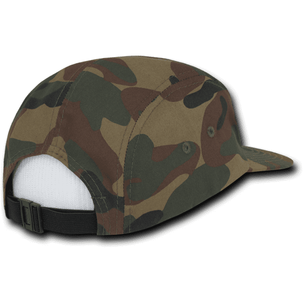 A green and brown camouflage 5-panel cap featuring a rear adjustable strap and a branding logo.