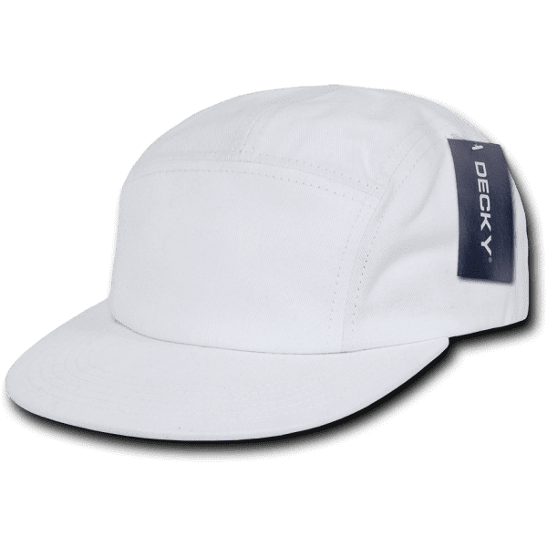 A white 5 panel cotton racer cap with a branded label on the side.