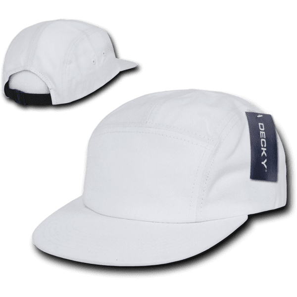 A white 5 Panel Racer Cap featuring a black brim and a logo on the side. Two angles of the cap are displayed.