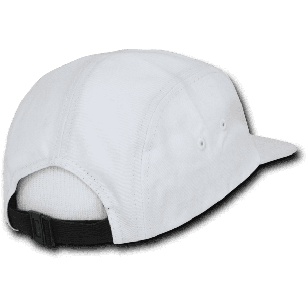 A white five-panel racer cap with black detailing and ventilation holes on the back. It has an adjustable strap.