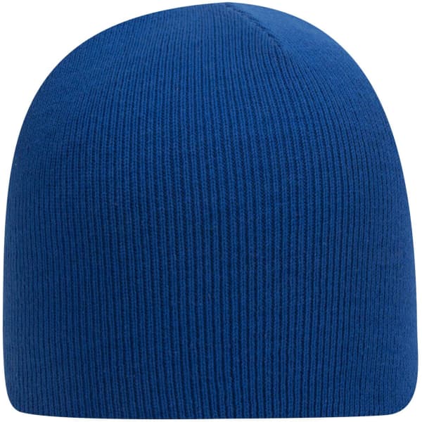 A blue knit beanie with a ribbed texture and a plain design. It features a logo on the side.