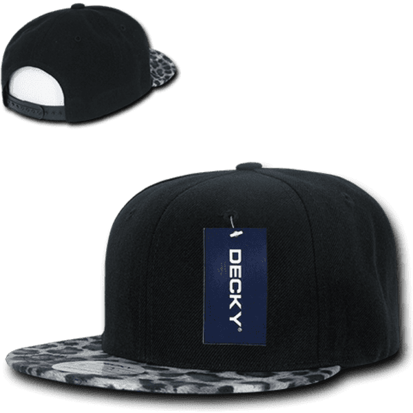 A black snapback cap featuring an animal print bill and a logo. It has a classic design and adjustable strap.