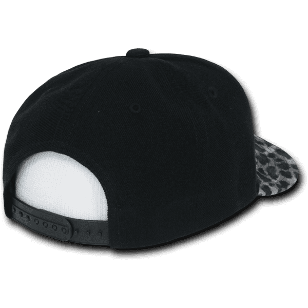 A snapback hat featuring a black body and a leopard print brim, with an adjustable strap at the back.