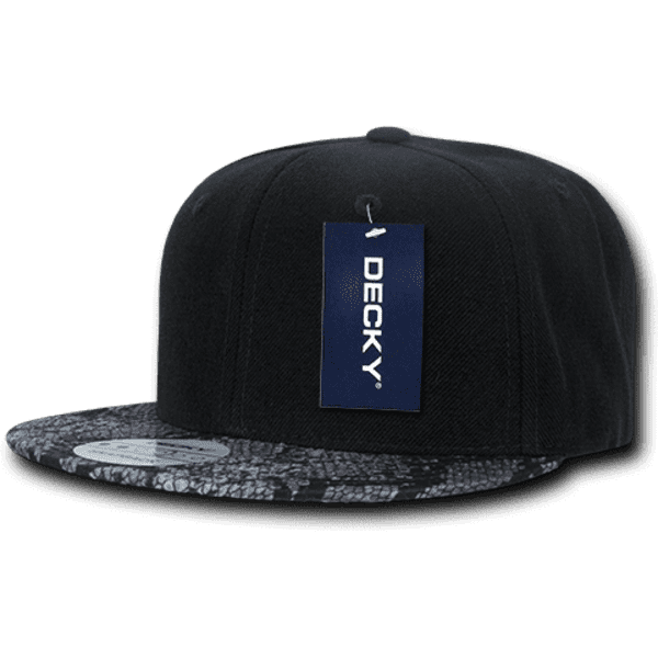 A black snapback cap featuring a patterned brim, with a tag attached. The cap has a logo on the front.