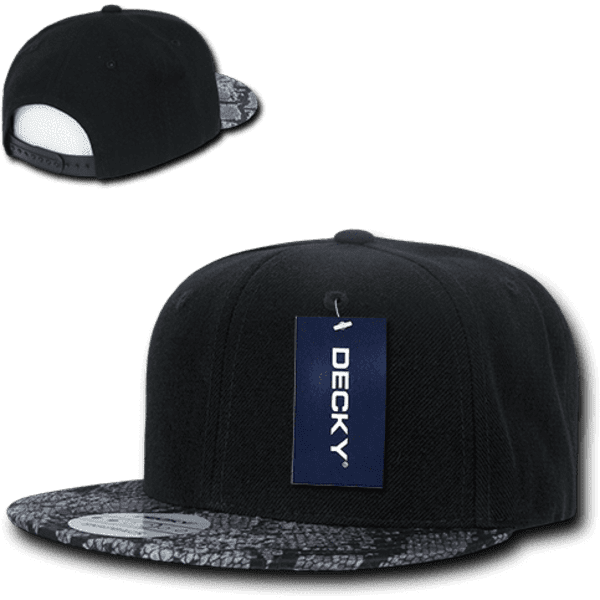 A black snapback cap featuring an animal pattern on the brim, with a logo attached.