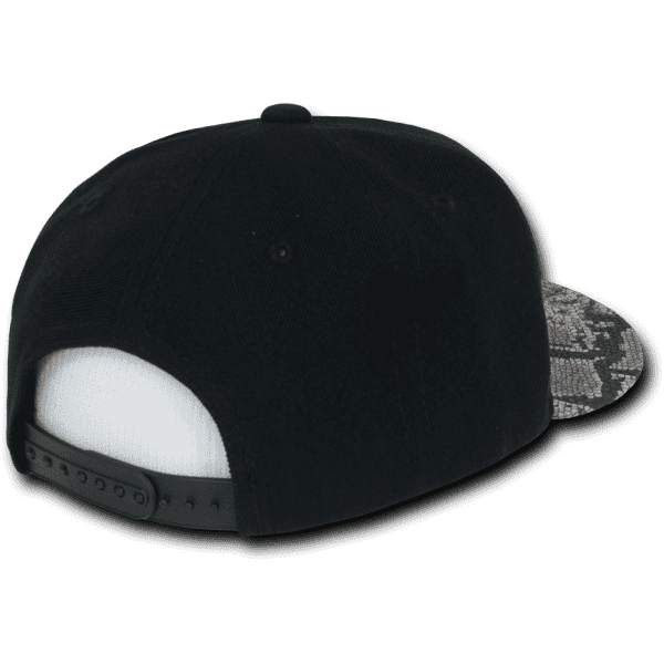 A black snapback cap featuring a textured animal pattern on the peak and an adjustable strap at the rear.