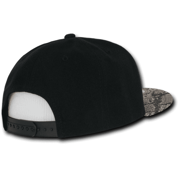 A black snapback cap featuring a patterned grey brim and a white inner lining, with an adjustable strap at the back.