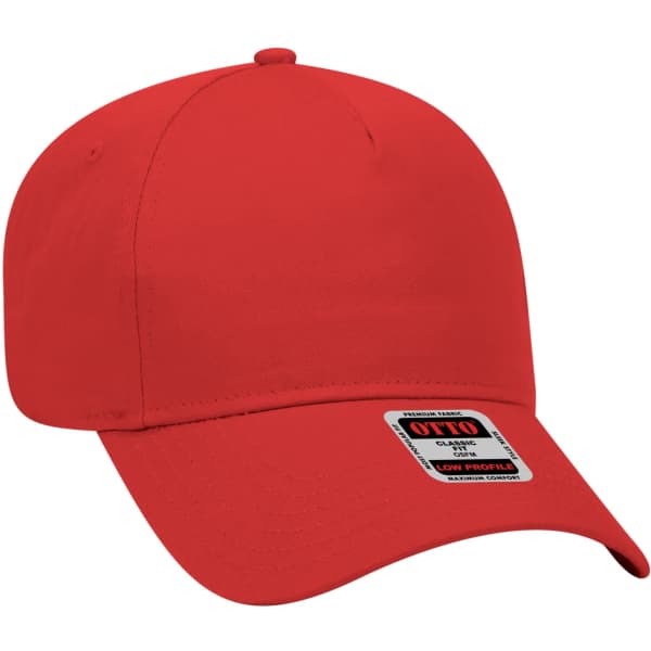 A red 5-panel baseball cap featuring a low profile design and a logo on the side.