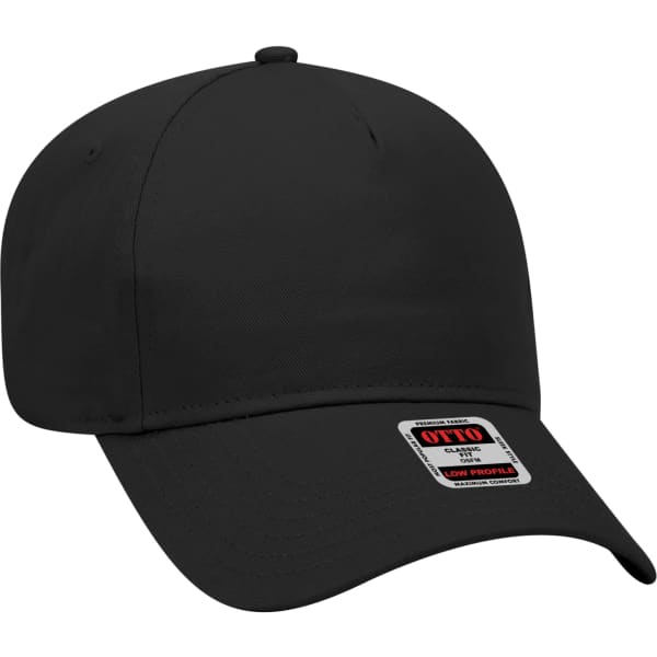 A black 5 panel baseball cap with a low-profile design and a branding label on the side.
