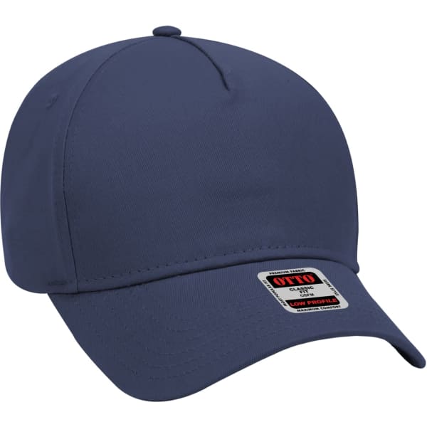 A navy blue 5-panel baseball cap featuring a low profile design and a branded tag on the front.