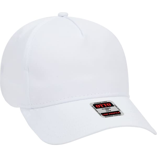 A white 5 panel baseball cap featuring a curved brim and a logo on the front.