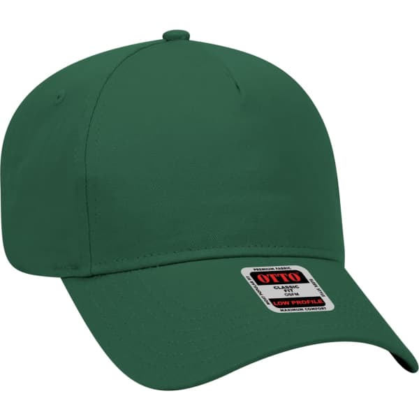 A green, low-profile 5 panel baseball cap with a branded tag attached.