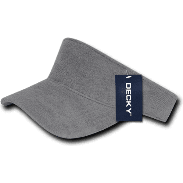 A grey terry visor featuring a logo and a tag attached, displaying a smooth, soft fabric design.