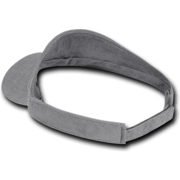 A grey Terry Visor with a soft fabric design and adjustable strap, featuring a logo.