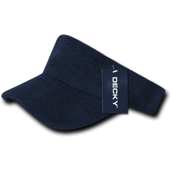 A navy terry cloth visor with a curved brim and a brand tag attached.