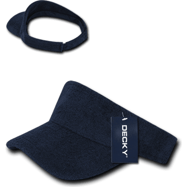 A navy Terry Visor with a matching adjustable headband. It features a branding label.