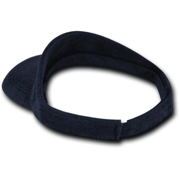 A navy terry visor with a soft, absorbent fabric and a curved brim, featuring a logo on the band.