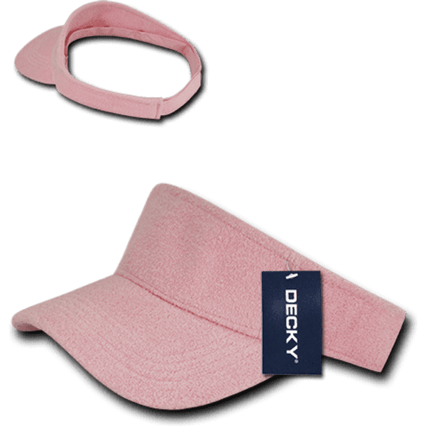 A pink terry cloth visor featuring a matching headband and a logo. The visor has a wide brim for sun protection.