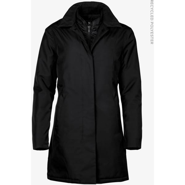 A black women's jacket with a collar and long sleeves, made from recycled polyester. It includes a logo.