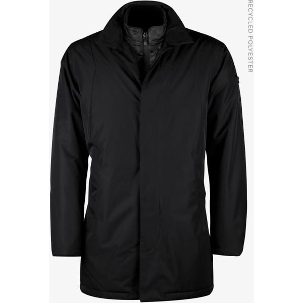 A black men's jacket featuring a collar and a logo, made from recycled polyester.