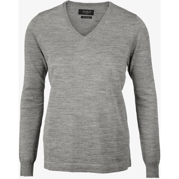 A grey v-neck jumper featuring long sleeves and a soft knit texture, with a logo on the label.