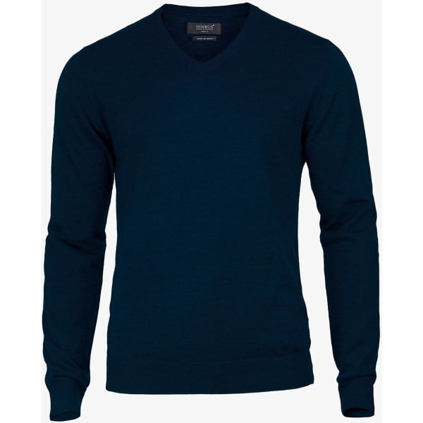 A navy blue v-neck jumper with long sleeves, featuring a branding tag on the neckline.