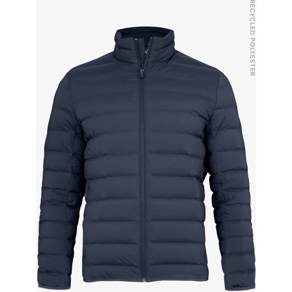 A navy blue women's down jacket featuring a zip front and long sleeves, made from recycled polyester.