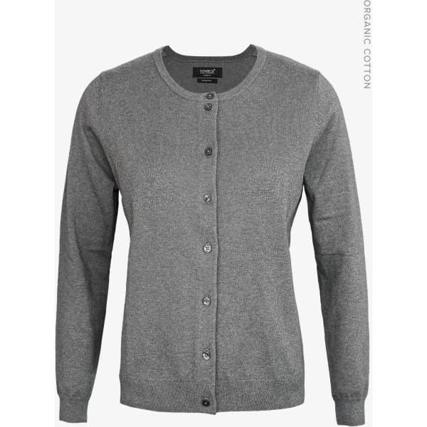 A grey cardigan with long sleeves and a button-up front, made from organic cotton, featuring a logo tag.