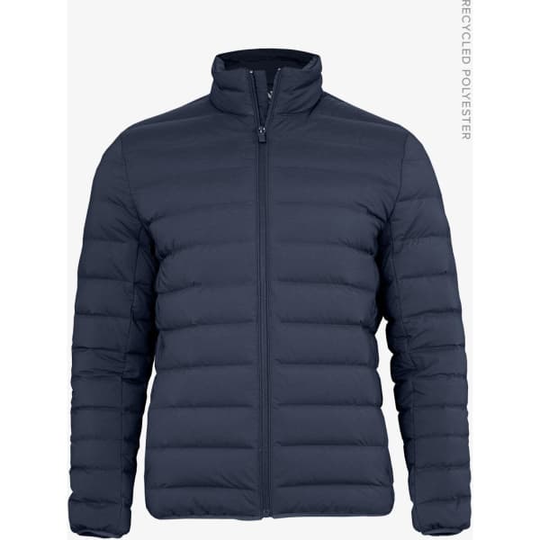 A navy blue down jacket for men, featuring a zip-up front and a standing collar. It has a logo present.