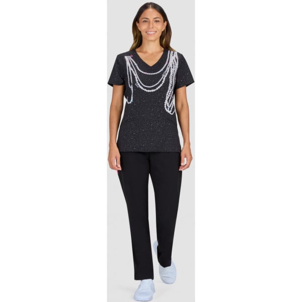 A black t-shirt with a decorative design featuring white chains, paired with black trousers and light blue shoes.