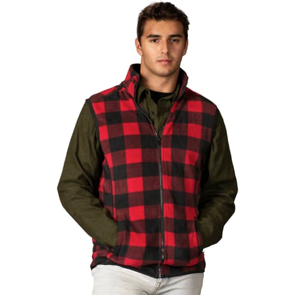A red and black checkered fleece vest on a model, featuring a zip front and a collar. The vest has a logo.